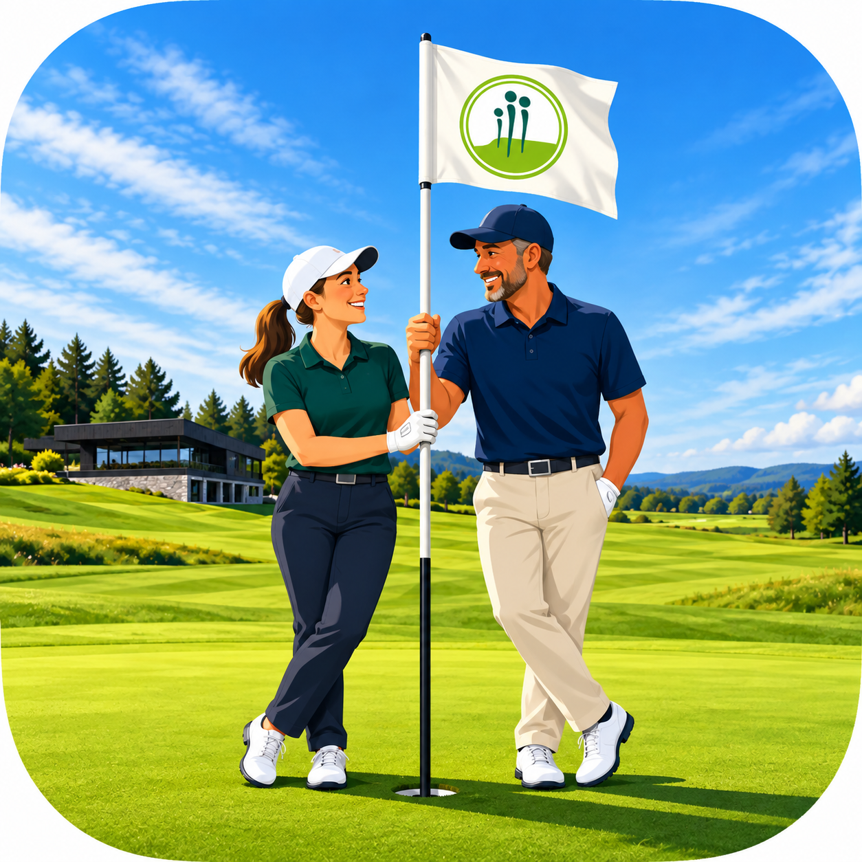 To golfere holder Sandefjord Golfklubbs flagg på greenen